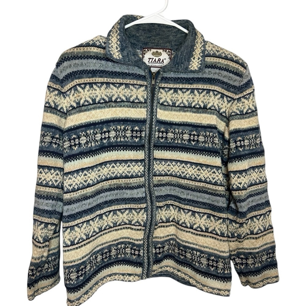 Tiara cardigan sweater zipper vintage blue cotton blend size small